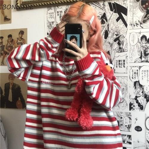 Sweater Women Loose Casual Stylish Pullovers All-match 2020 Spring Ins New Striped Basic Red Ulzzang Knitting Popular Teenagers
