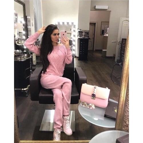 2020 Full Direct Selling Knitted Wool Two-piece Handmade Beaded Word Shoulder Sweater + Trousers Cashmere 2 Piece Suit Female