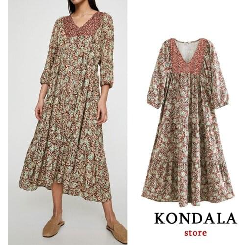 Women Dress Za 2020 vintage loose floral print draped dress long sleeve fashion spring dresses female elegant vestidos mujer