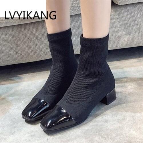 2019 Elastic Socks Booties Ankle Boots Flock Square Heels SquareToe Autumn Winter Female Slip On Woman Heels Short Boots