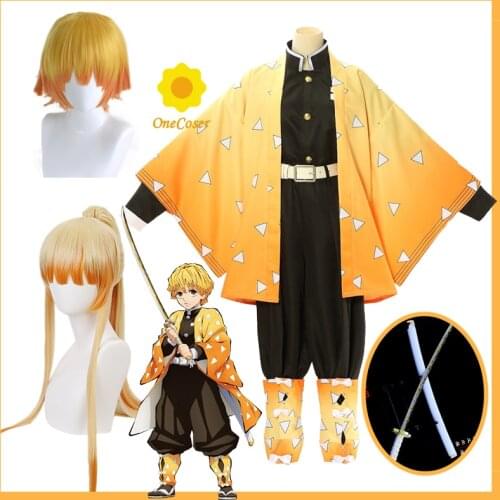 Agatsuma Zenitsu Cosplay Costume Anime Demon Slayer Yellow Kimetsu No Yaiba 2 Style Wig Cloak Belt Sword Halloween Party Uniform