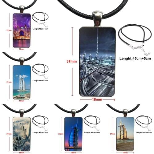 Glass Cabochon Jewelry Steel Color With Long Pendant Choker Rectangle Necklace For Men Women Dubai City Architectural Landscape