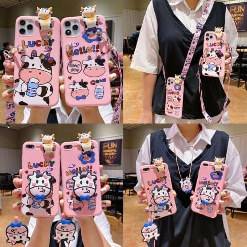 For iPhone 12 11 Pro Xs Max Xs XR 6 7 8Plus SE 2020 Case Milk Cow TPU Case Ring Soft Phone Strap Rope Case