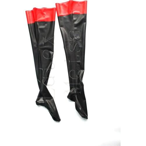 Black with red trims on top Zentai latex stockings thigh rubber stockings for women
