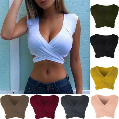 Ladies Women Plus Size Top Skinny Solid Bandage Tshirt S-XXL Summer Casual Sleeveless V-Neck T-Shirts Tops