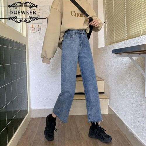 Dueweer Pants Women Jeans Ankle-length Straight Trousers BF Streetwear Casual High Waist Loose Fur-lined Trendy Korean Style