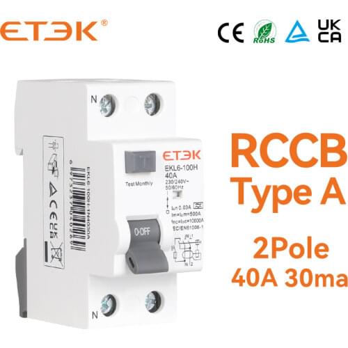 ETEK EKL6-100H-1N4030A RCCB 10KA 1P+N 40A 30mA Type A