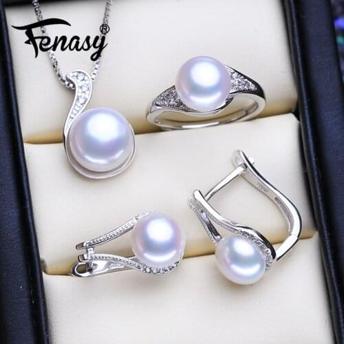 FENASY 925 Sterling Silver Pendant Necklace Natural Pearl Jewelry Sets For Women Classic Stud Earrings Fashion Party Rings