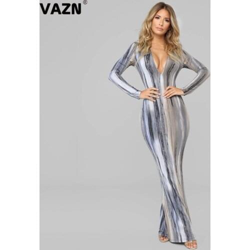 VAZN 2020 Hot Retro Sexy Night Club Soft Elegant Young Parity Style Round Neck Full Sleeve Women High Waist Thin Maxi Dress