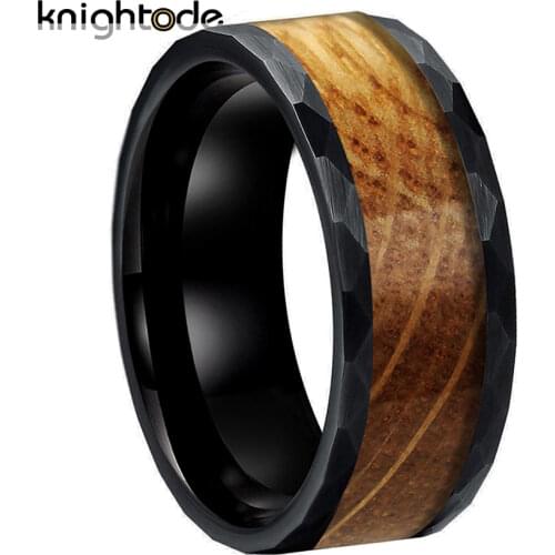 8mm Hammered Tungsten Carbide Rings for Men Women Wedding Bands Really Whiskey Barrel Oak Wood inlay Facets Brushed Comfort Fit