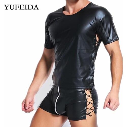 YUFEIDA Mens Clothes Set Mens Undershirts PU Leather T Shirts & Shorts Sexy Fitness Slim Tops Men Underwear Stage Dance Clubwear