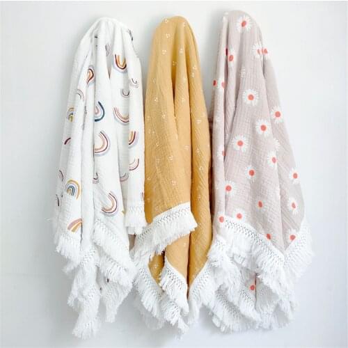 Cartoon Muslin Swaddle Tassel Throw Blanket Infant Printing Kawaii Blanket Newborn Boy Accessories Bebe Accessoires Chambre