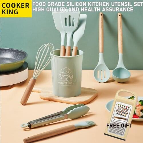 Silicone Cooking Utensils Set Non-Stick Spatula Shovel Wooden Handle Cooking Tools Set With Storage Box Kitchen Tool Accessories