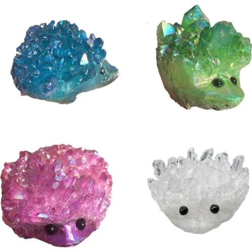 Natural Aura Quartz Cluster Hedgehog Figurine Drusy Geode Titanium Animal Statue Healing Crystal Party Gifts Home Decoration