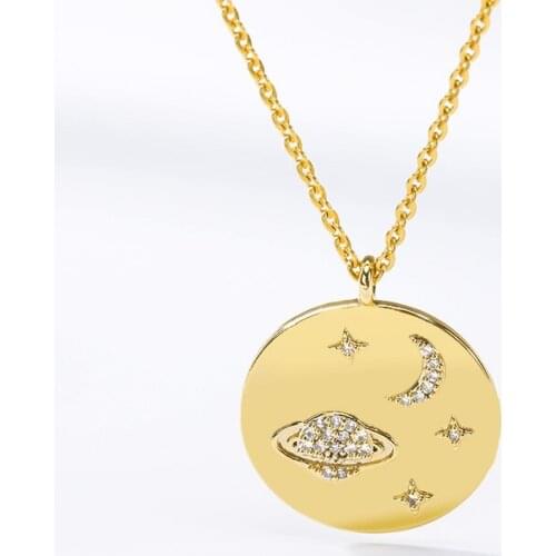 Round Planet Spaceship Pendant Necklace Gold Color Long Chain Stars Stainless Steel Round Necklaces for Women Fashion Jewelry