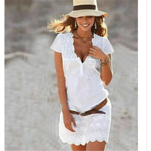 White Lace Women Beach Dress Trim Eyelet Embroider Deep V Neck Short Sleeve Hollow Out Plain Summer Beach Dress Women Cover Ups