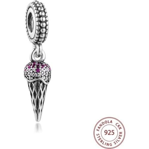 Ice Cream Pendant Charms 925 Sterling Silver Clear and Red CZ Dangle Beads for Jewelry Making Fits Europe Charm Bracelets