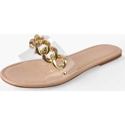 Richealnana Summer Slip On Shoes For Women Flats Round Open Toe Metal Chain Decoration PVC Fashion Comfortable Big Size Slipper