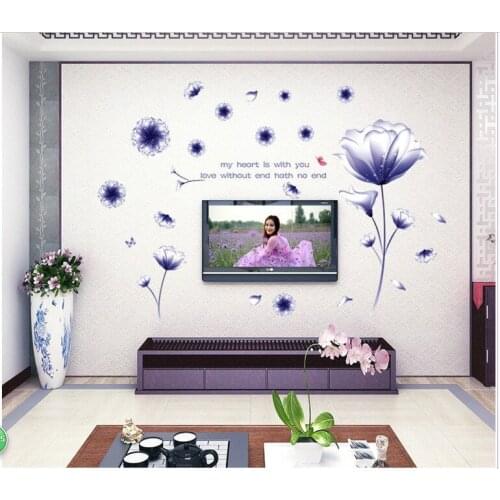 Removable DIY Bathroom Wall Sticker Big Size TV Background Flower Wall Sticker Modern Home Decor Purple Flower Sticker