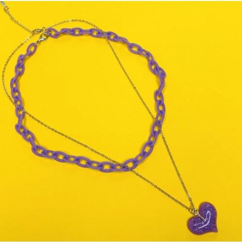 Cute Double Layer Purple Love Pattern Resin Disco Cool Earth Girls Purple Fairy Necklace