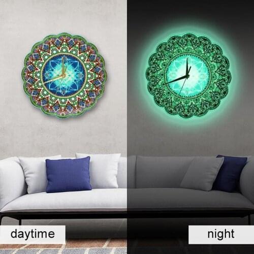 Mandala Luminous Diamond Painting Clock DIY Full Drill Special Shape Diamond Painting Cross Stitch Wall Clock Home Decor Gift