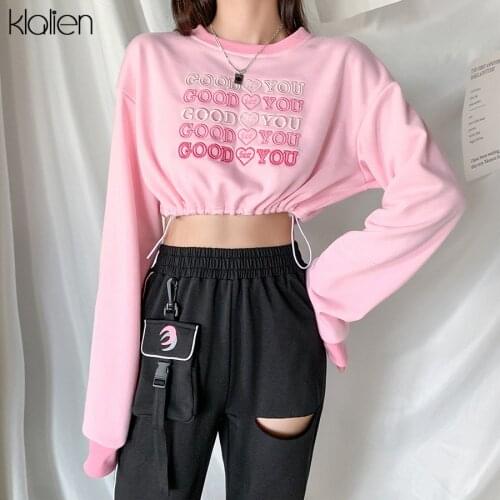 KLALIEN Casual Street Slim Print Letter Solid Pullovers Sweatshirts Women Autumn College Style Cute Female Hoodie 2020 New