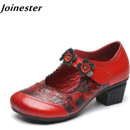 Retro Flower Summer Pumps for Ladies Chunky Heel Mary Jane Sandals Women Ethnic Genuine Leather Shoes Female Spring Dress Shoe
