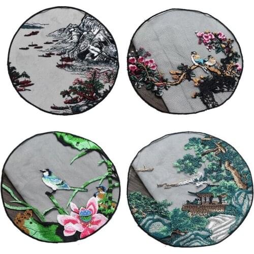 Chinese Floral Style Flower Bird Embroidered Patches Sew on Watercolour Lotus Appliques Lace Cloth Sticker Clothes Dress Decor