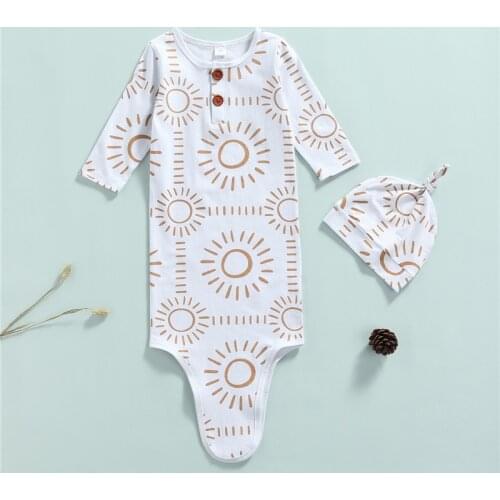 Newborn Baby Unisex Knotted Sleeper Gowns Rainbow Long Sleeve Nightgown and Hat Set Cute Coming Home Outfits Set