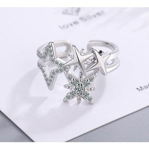 Womens Shiny Super Stars Geometric Rings Crystal Zircon Hollow Female Party Ring Opening Finger Ring Jewelry Trendy Accessory