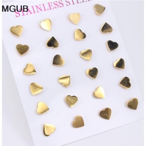 12 pairs / piece Diameter 5-7MM Gold Color Stainless Steel Fashion jewelry Studs Earrings Heart-shaped For Women Earrings LH803
