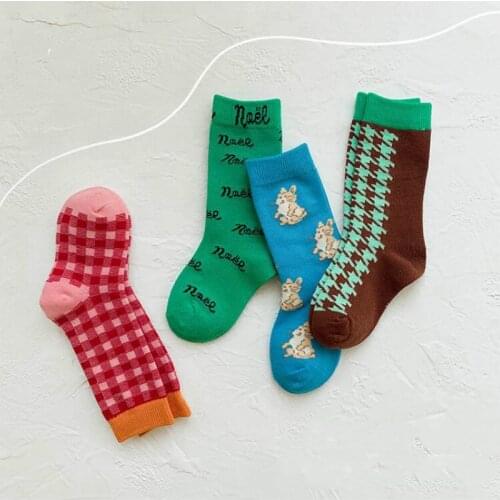 4 Pairs/lot 2021 Spring Autumn New Baby Socks Fashion Cartoon Plaid Cotton Kids Boys Girls Socks for 1-8Y Children
