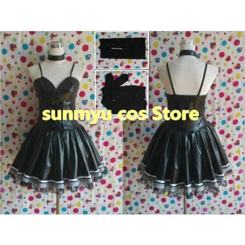 Free Shipping!DEATH NOTE Misa Amane Black Leather Dress With Gloves and Stockings Cosplay Costume,Size customizable,halloween
