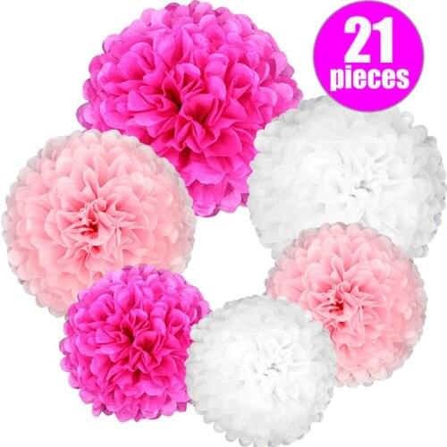 21 Pcs 8"-14" Tissue Rose Pink Paper Pom Poms Flowers Assorted Sizes and Colors Flower Ball for Birthday Wedding Hanging Decor