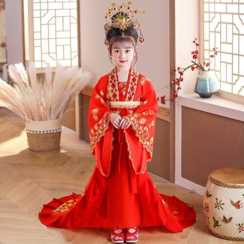 Red Embroidery Children Chinese Style Hanfu Dress Tailing Girl Elegant Costume Ancient Style Tang Suit Princess Fairy Dress