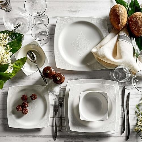 Roe Lady 6-Person 24pcs Porcelain Luxury Dinner Set Square 6 Serving Plates - 6 Deep Plates - 6 Pieces Cake Plate- 6 Bowls