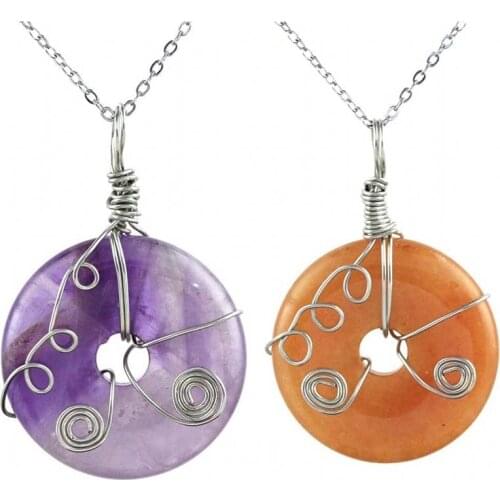 KFT Natural Stone Round Healing Crystal Quartz Doughnut Shape Pendant Wire Wrapped Reiki Stone Pendant Necklace For Women Girls