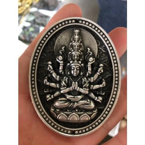 China Collectible Handwork Old miao silver carving Thousand-Hand Kwan-yin Buddha necklace metal handicraft