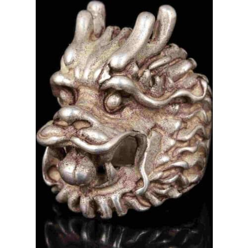 China Collection Hand-Carved Tibetan Silver Dragon Statue Rings Gift
