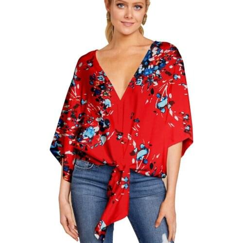 Fashion Casual Ladies Shirt T-shirt 2021 Summer Sexy V-neck Seven-point Sleeves Knotted Printed S-5xl Plus Sizes Loose Tshirt