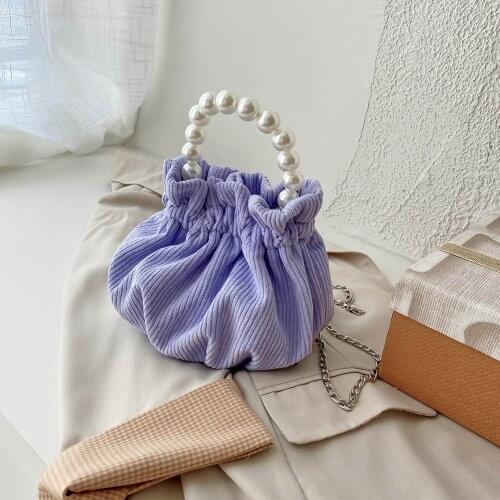 Fashion Women Pearl Chain Mini Shoulder Bag Portable Female Corduroy Small Bucket Handbag Ladies Solidl Color Crossbody Purse