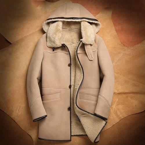 Hooded Mens Shearling b3 Sheepskin Coat Long Style Coat Fur Jacket Handsome Business Casual Travel Jacket