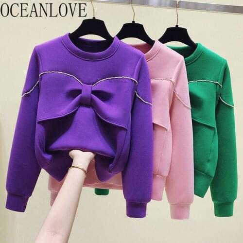 OCEANLOVE Korean Sweet Autumn Winter Hoodie Women Solid Beading Bow Candy Color Sudaderas Vintage Fashion Sweatshirts Loose