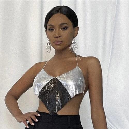 Sexy vintage y2k Metal chain halter sequin cut out crop top women summer beach party night club corset backless ladies tops 2021