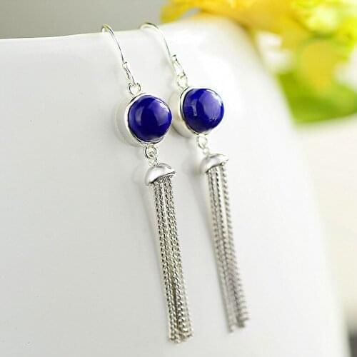 Natural Lapis Lazuli Drop Earrings For Women 2019 Real 925 Sterling Silver Long Tassels European style Fine Earrings For Gift