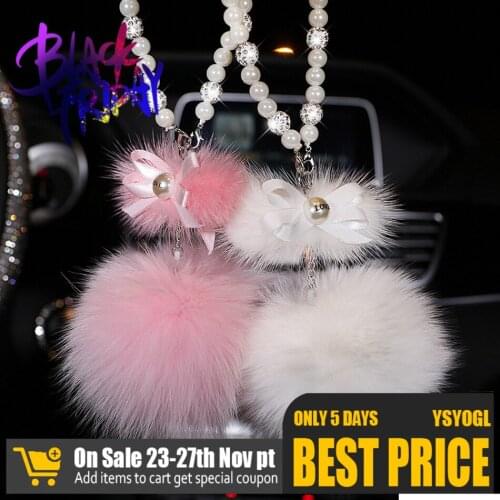 Cute Pearl Fur Ball Car Hanging Ornaments Soft Bow-knot Car Rear View Mirror Accessories for Women Girls Beautiful Fashion Gifts
