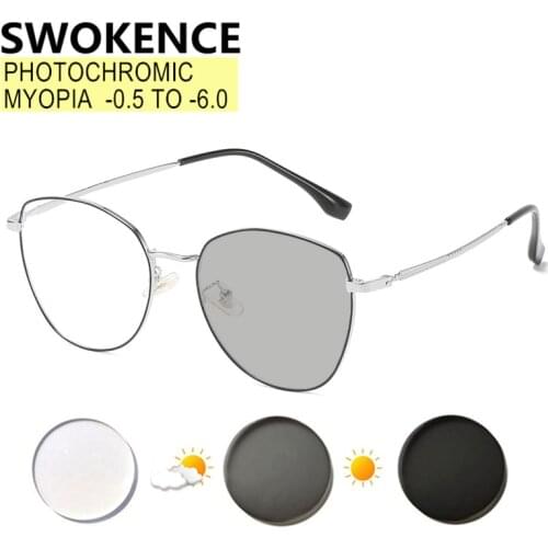 SWOKENCE Photochromic Myopia Glasses Prescription -0.5 to -6.0 Women Men Alloy Frame Discolored Lens Nearsighted Eyeglasses F095