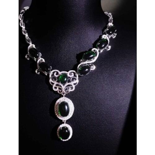 925 Silver Vintage Necklace Oval Green Chalcedony Zircon Unusual Pendant Unique Charm Jewelry For Women Party Birthday Gifts
