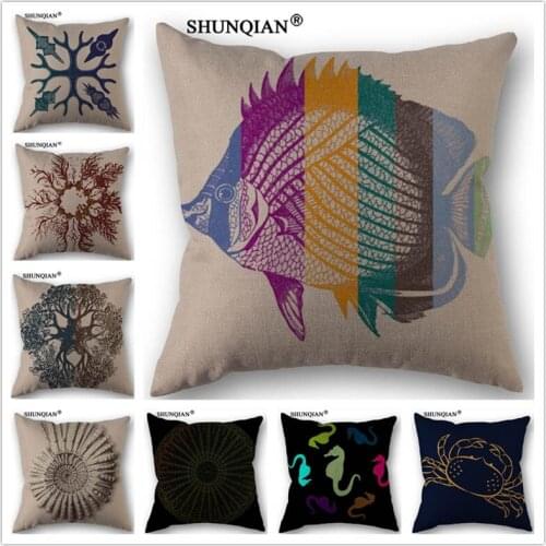 WJY4103 Mediterranean style marine creature Linen Cotton Pillowcase 18x18inch Custom Zippered Cushion Pillow Cover 45x45cm