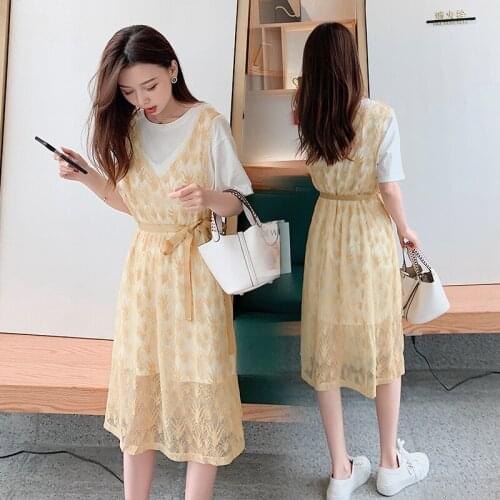 0606# T shirt + Dress Maternity Clothes Loose Stylish Long Sleevess Lace Dress Pregnant Women Pregnancy Clothes